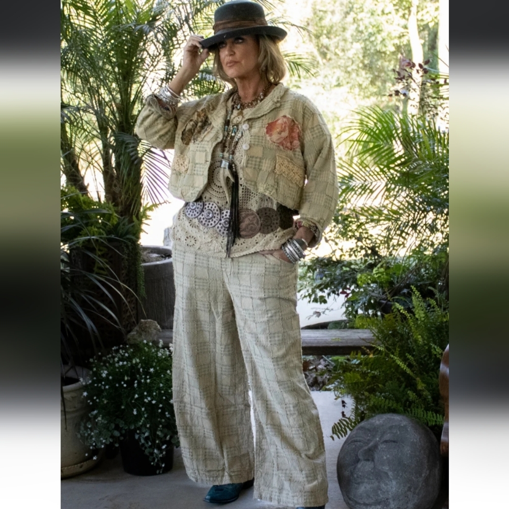 ✨ NEW Jaded Gypsy Checking On You Pants Chic Beige Wide-Leg Pants